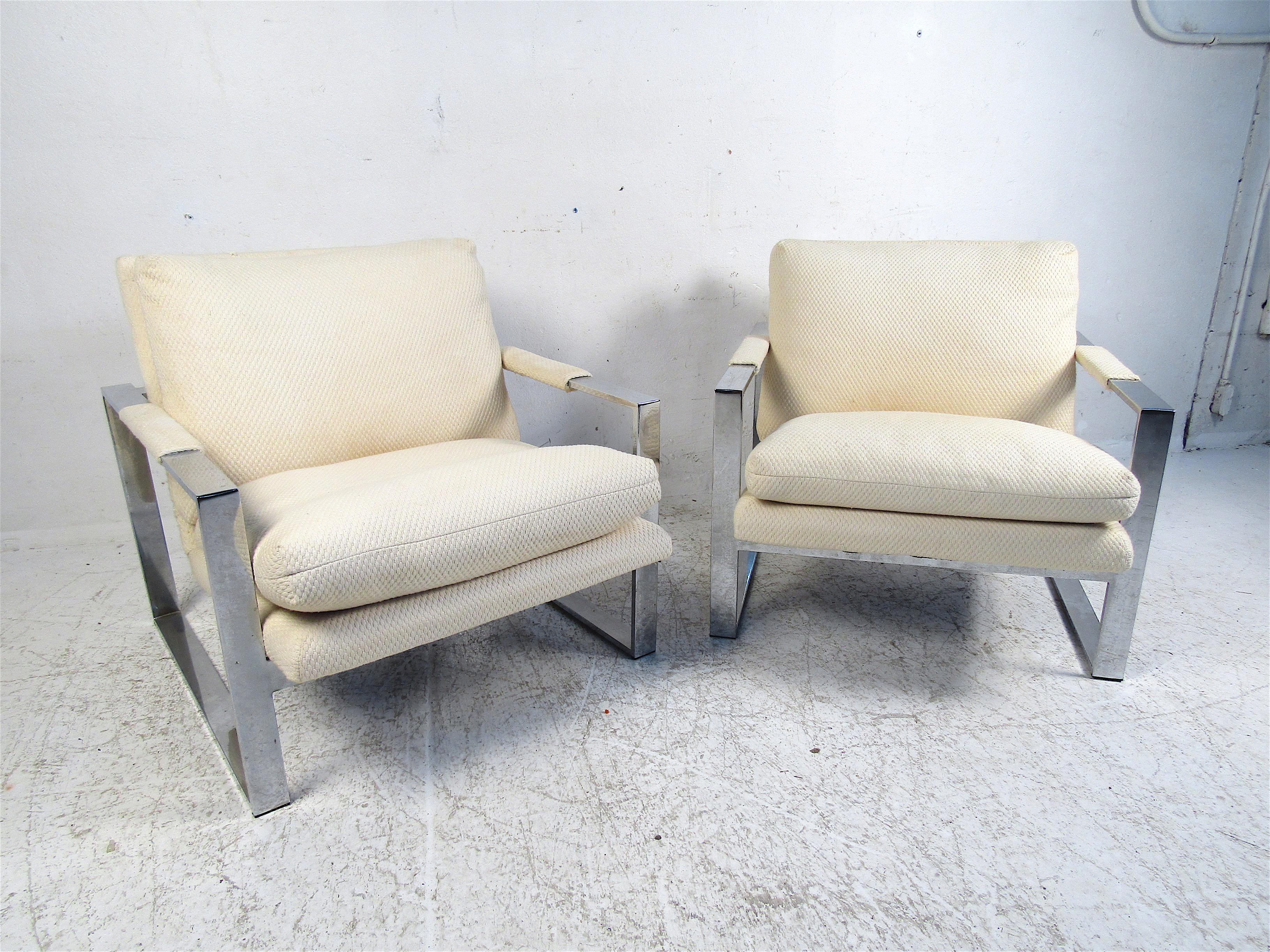 Stylish modern chrome frame armchairs designed by Milo Baughman. Please confirm item location with dealer (NJ or NY).