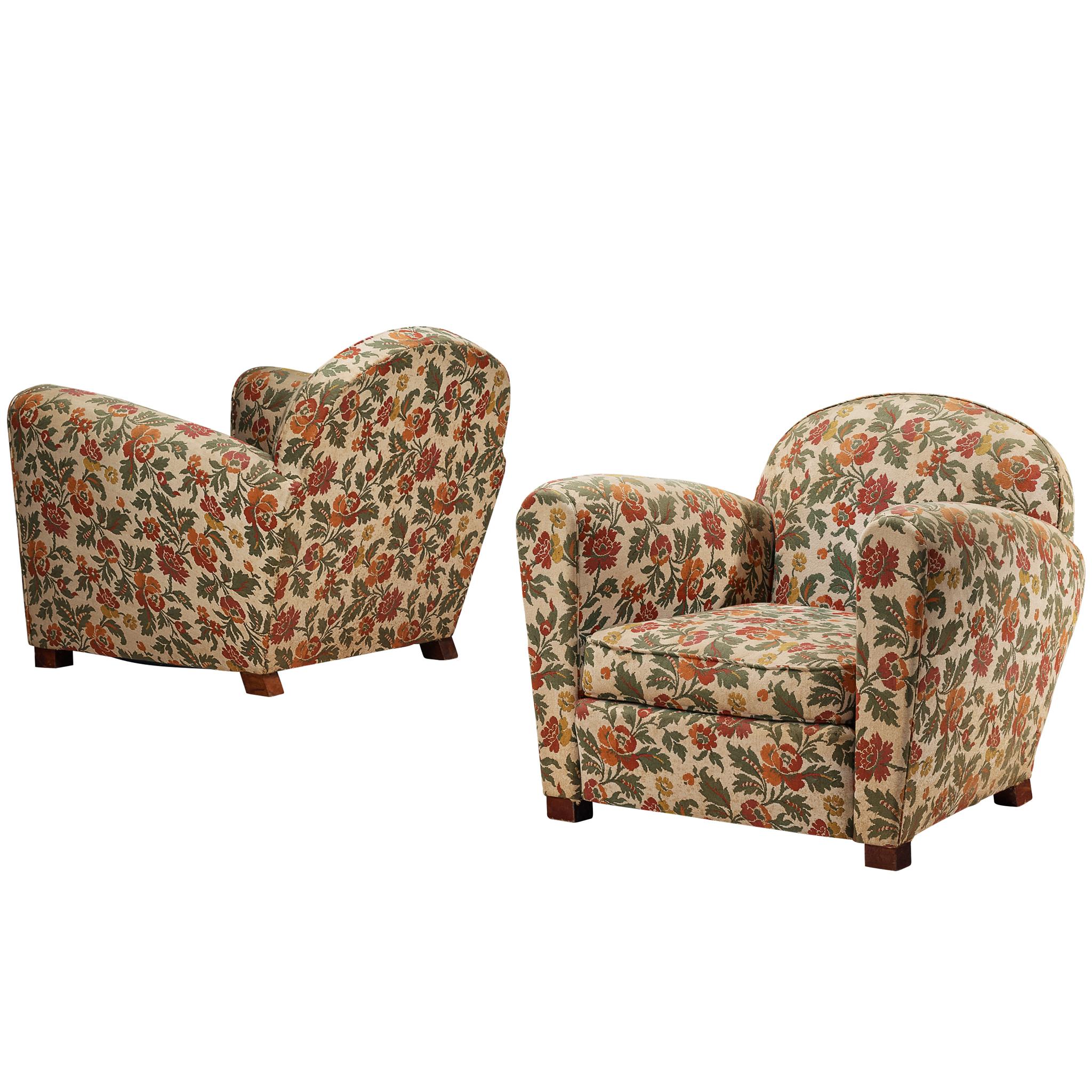 Pair of Mid-Century Lounge Chairs in Floral Upholstery