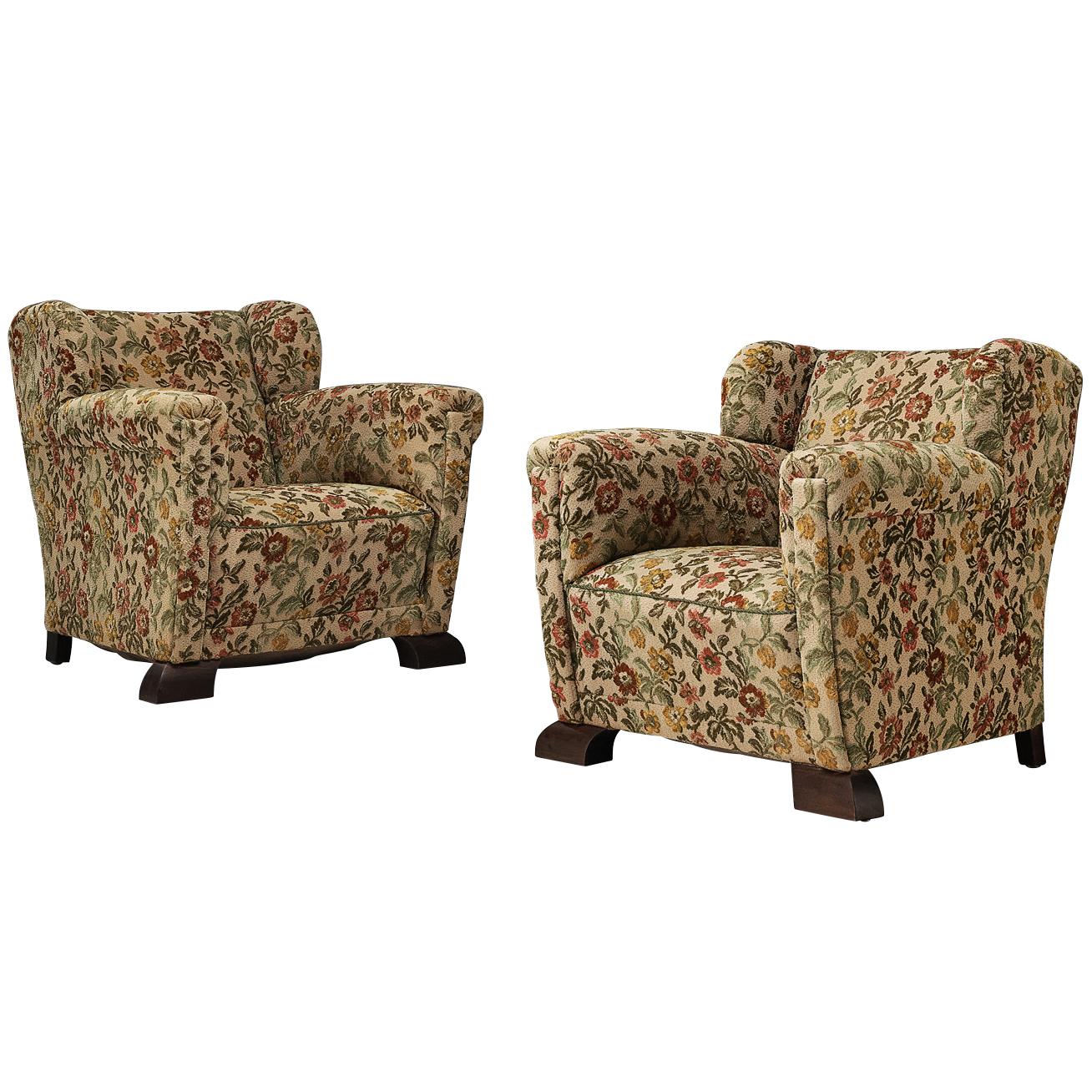 Pair of Mid-Century Lounge Chairs in Floral Upholstery with Quirky Feet