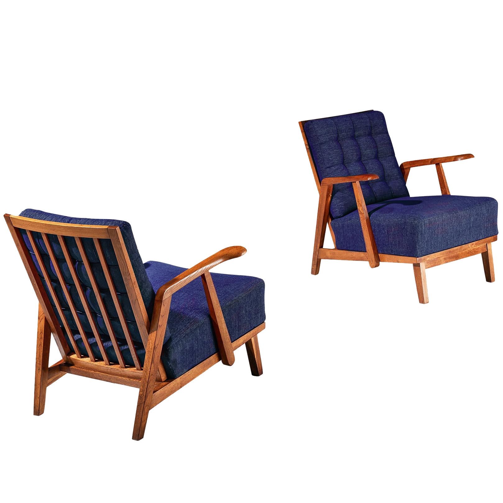 Pareja de Sillas de Salón de Mediano Siglo en Roble con Respaldos de Lamas