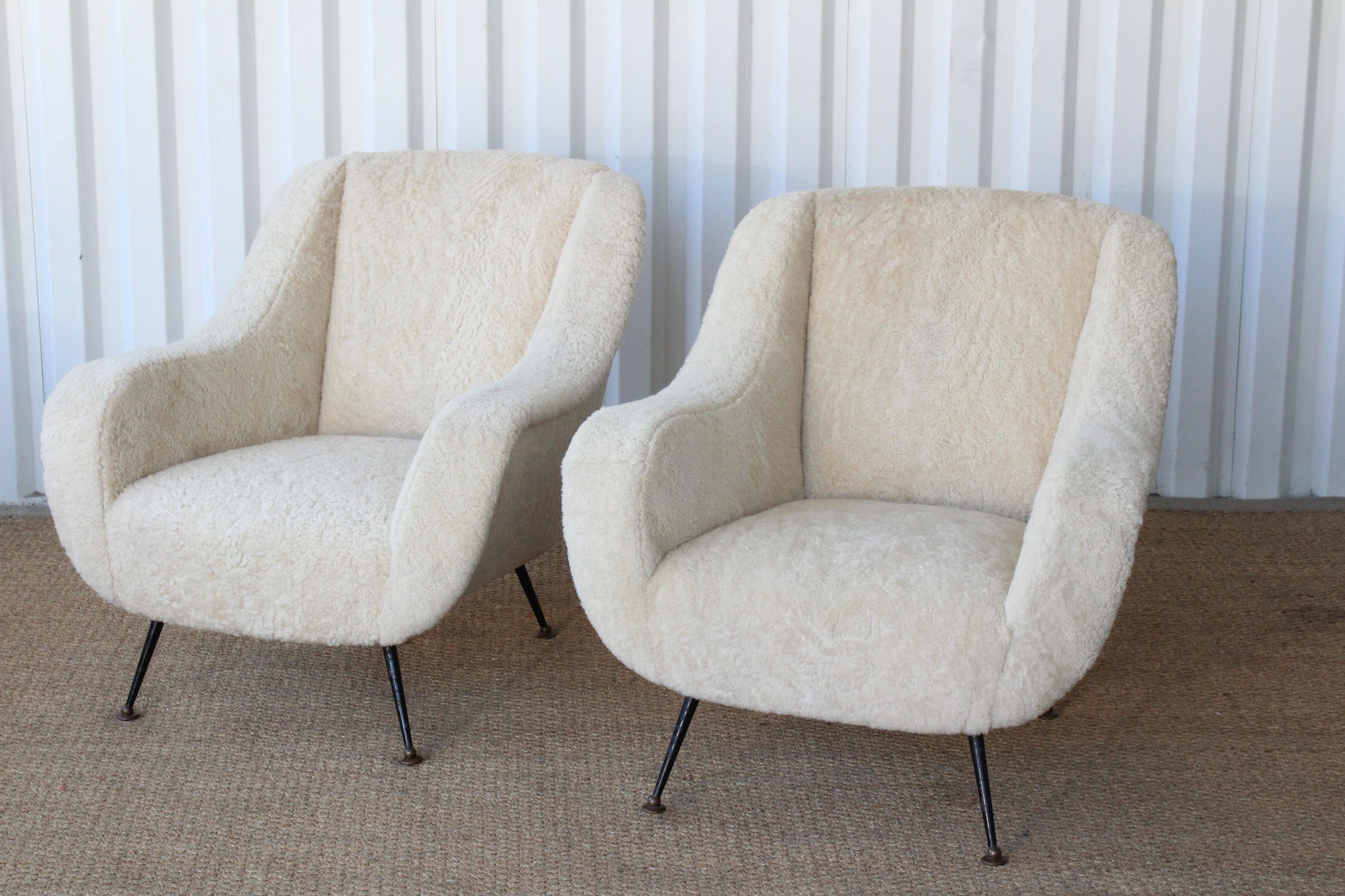 Italian Pair of Mid Century Lounge Chairs in Sheepskin, Italy, 1950s