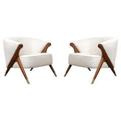 Pair of Mid Century Lounge Chairs in Walnut & Fabric w/ Brass Sabots by Karpen