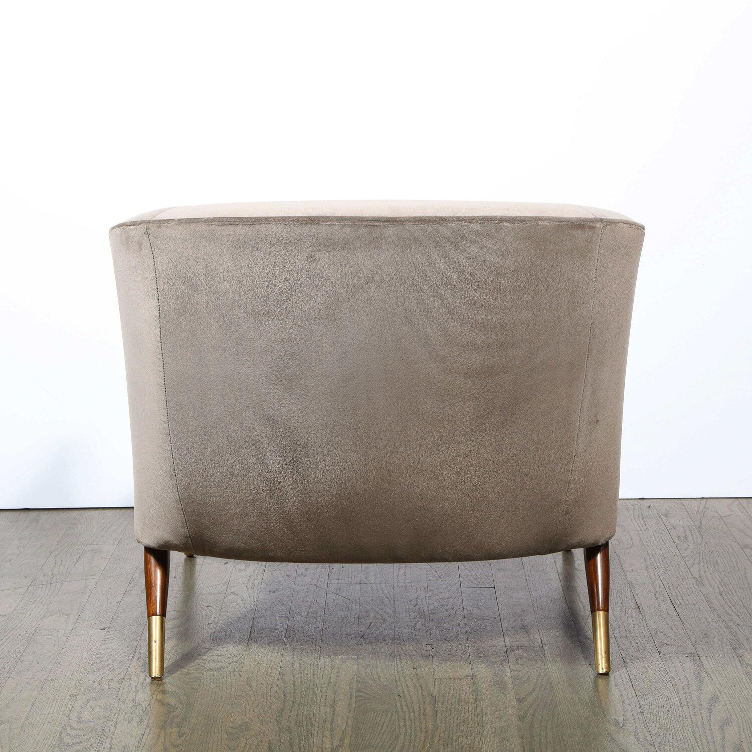 Pair of Mid Century Lounge Chairs in Walnut & Velvet w/ Brass Sabots by Karpin 4