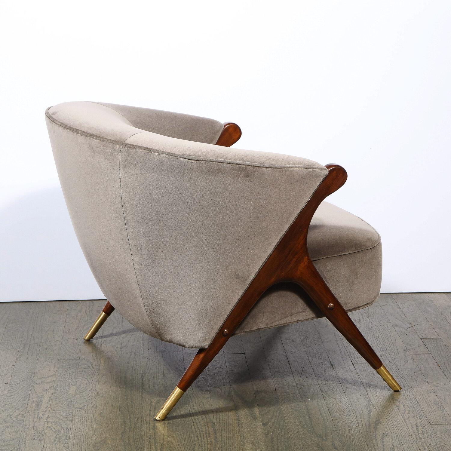 Pair of Mid Century Lounge Chairs in Walnut & Velvet w/ Brass Sabots by Karpin 5