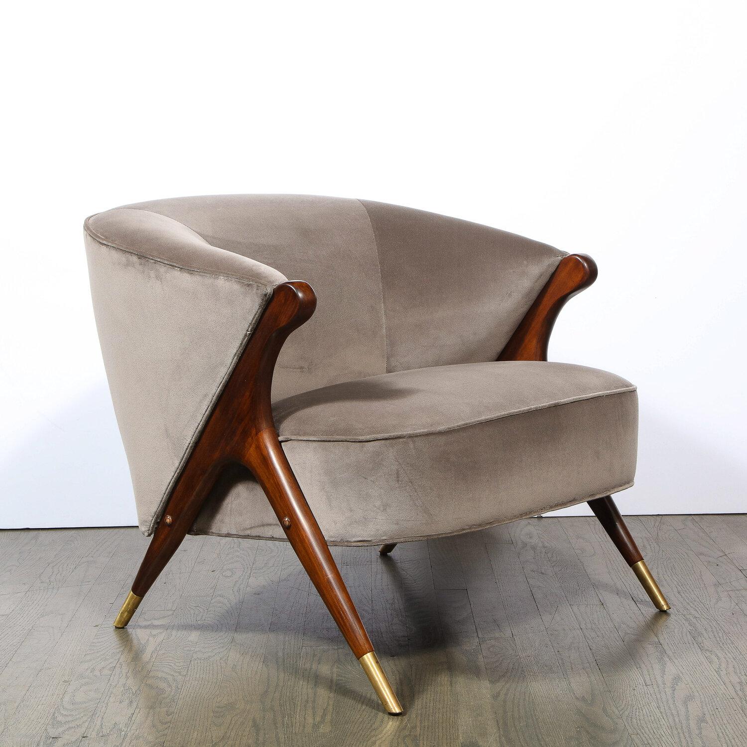 Pair of Mid Century Lounge Chairs in Walnut & Velvet w/ Brass Sabots by Karpin 6