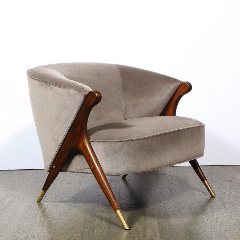 Pair of Mid Century Lounge Chairs in Walnut & Velvet w/ Brass Sabots by Karpen For Sale 6