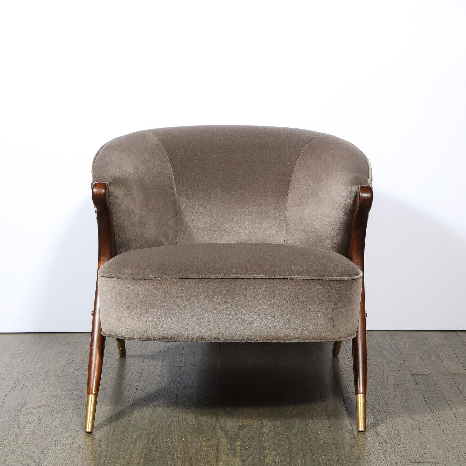 Mid-Century Modern Pair of Mid Century Lounge Chairs in Walnut & Velvet w/ Brass Sabots by Karpin