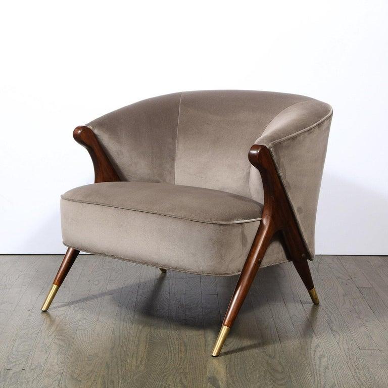 Mid-Century Modern Pair of Mid Century Lounge Chairs in Walnut & Velvet w/ Brass Sabots by Karpen For Sale