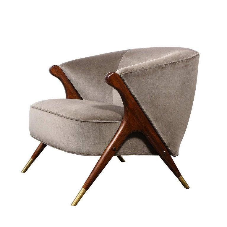 American Pair of Mid Century Lounge Chairs in Walnut & Velvet w/ Brass Sabots by Karpen For Sale