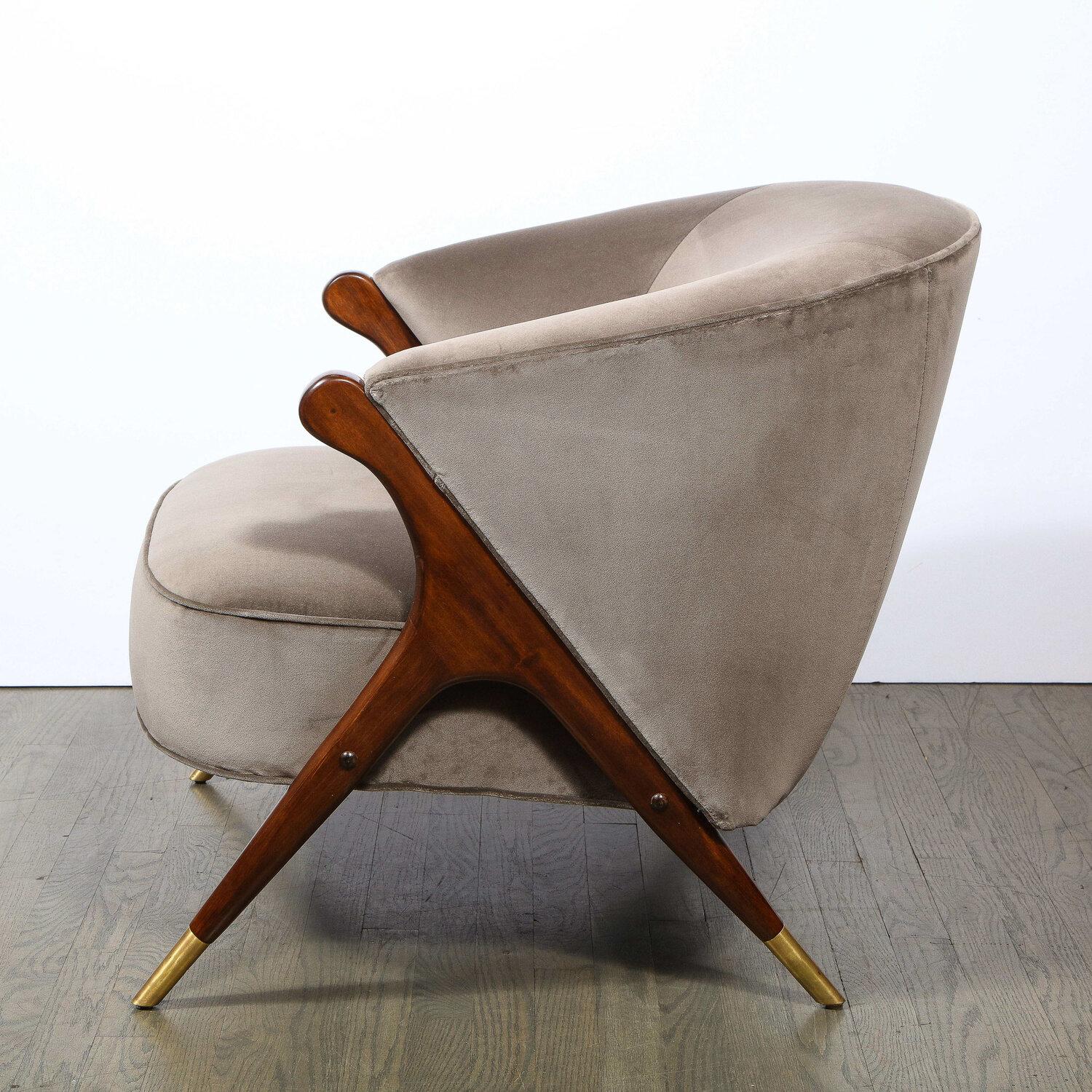 Pair of Mid Century Lounge Chairs in Walnut & Velvet w/ Brass Sabots by Karpin 2