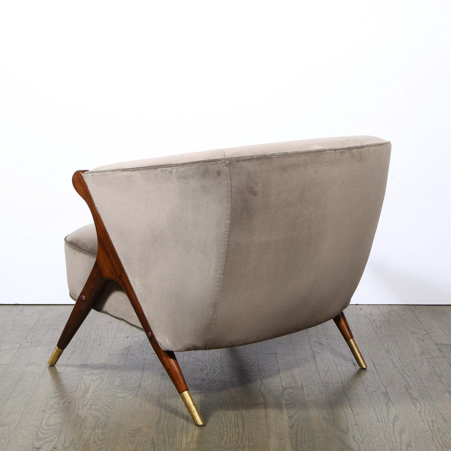 Pair of Mid Century Lounge Chairs in Walnut & Velvet w/ Brass Sabots by Karpin 3