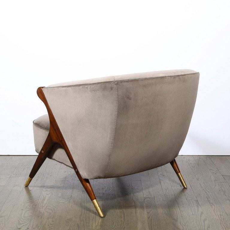 Pair of Mid Century Lounge Chairs in Walnut & Velvet w/ Brass Sabots by Karpen For Sale 3