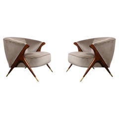 Pair of Mid Century Lounge Chairs in Walnut & Velvet w/ Brass Sabots by Karpin