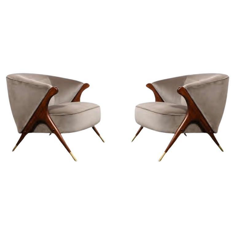 Pair of Mid Century Lounge Chairs in Walnut & Velvet w/ Brass Sabots by Karpen For Sale