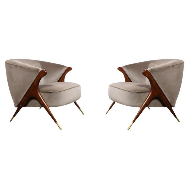 Pair of Mid Century Lounge Chairs in Walnut & Velvet w/ Brass Sabots by Karpin