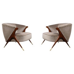 Retro Pair of Mid Century Lounge Chairs in Walnut & Velvet w/ Brass Sabots by Karpin