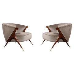 Pair of Mid Century Lounge Chairs in Walnut & Velvet w/ Brass Sabots by Karpen