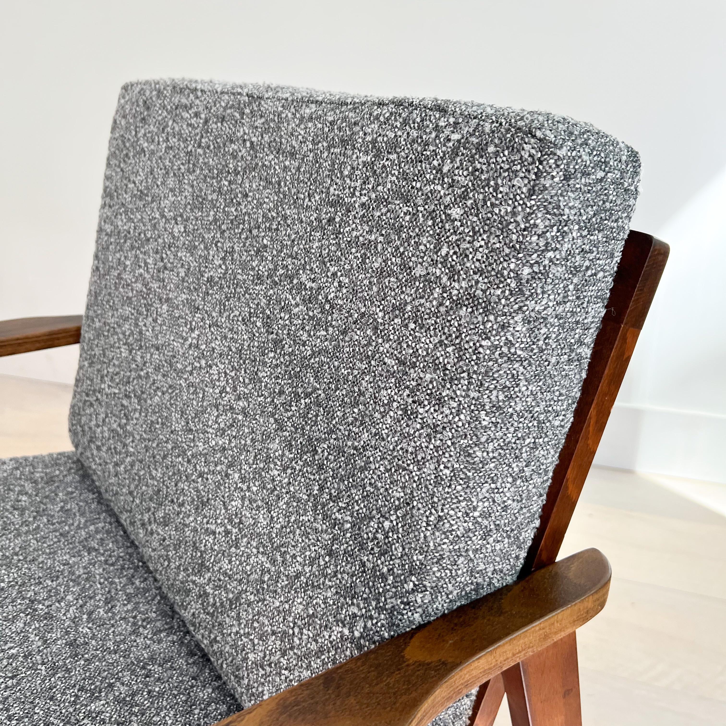 Pair of Mid-Century Lounge Chairs w/ New Grey Tweed Upholstery In Good Condition In Asheville, NC