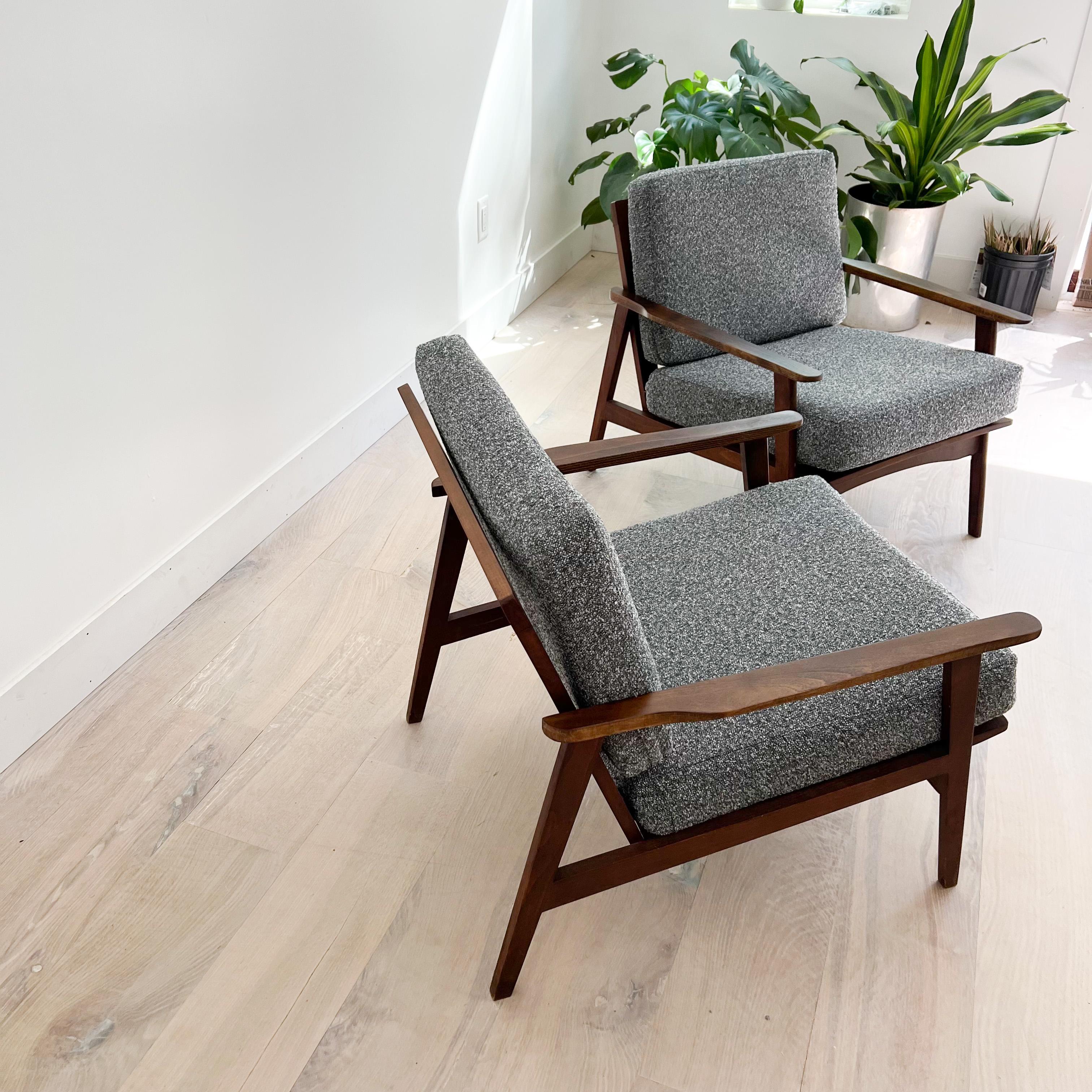 Pair of Mid-Century Lounge Chairs w/ New Grey Tweed Upholstery 2