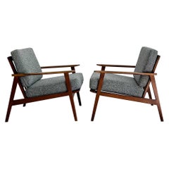 Pair of Mid-Century Lounge Chairs w/ New Grey Tweed Upholstery