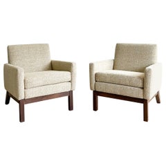 Pair of Mid Century Lounge Chairs w/ New Light Yellow Tweed Upholstery