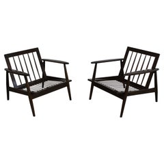 Pair of Mid-Century Lounge Chairs Walnut Open Arm Lounge Chairs