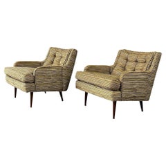 Pair of Mid Century Lounge Chairs with Walnut Legs in Original Beautiful Fabric