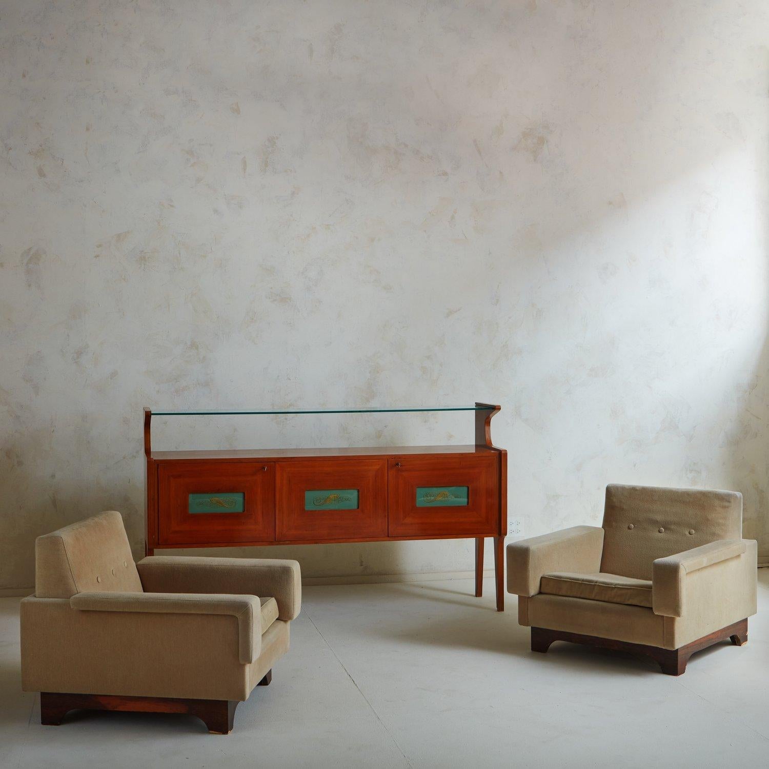 Italian Pair of Mid-Century Lounge Chairs with Wood Base by Saporiti, Italy 1960s 