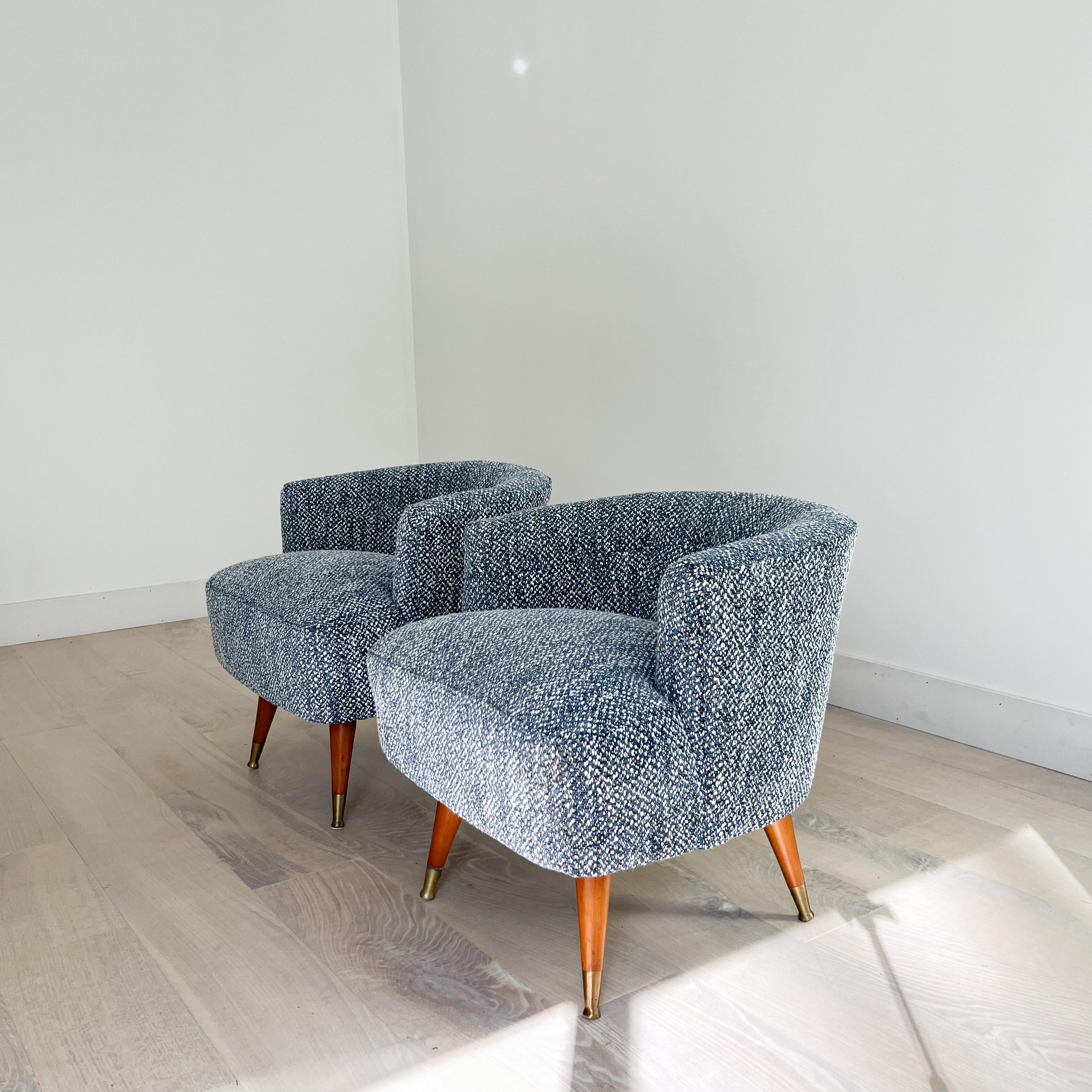 Pair of Mid-Century Low Back Swivel Chairs w/ New Blue Tweed Upholstery 6