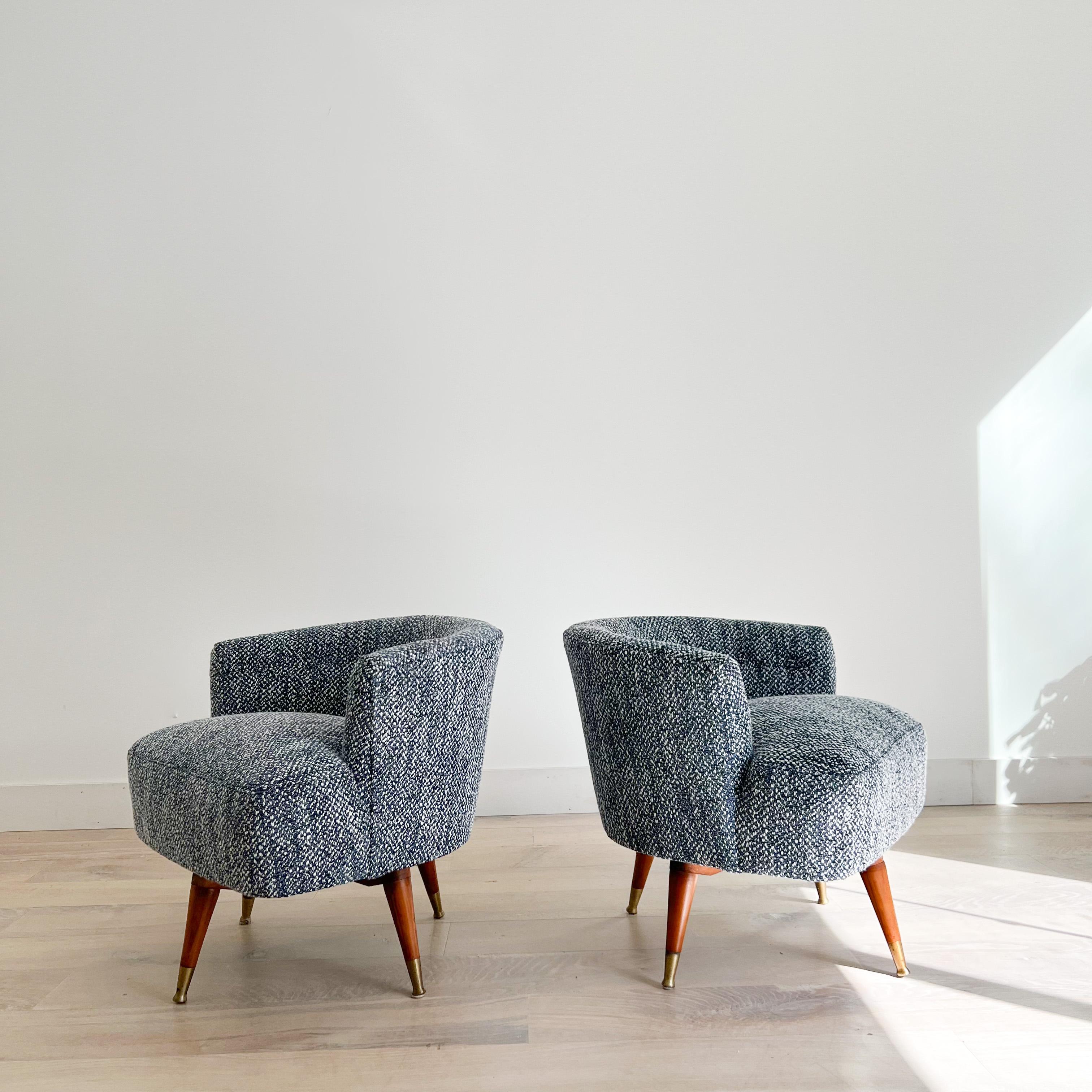 Pair of Mid-Century Low Back Swivel Chairs w/ New Blue Tweed Upholstery 8