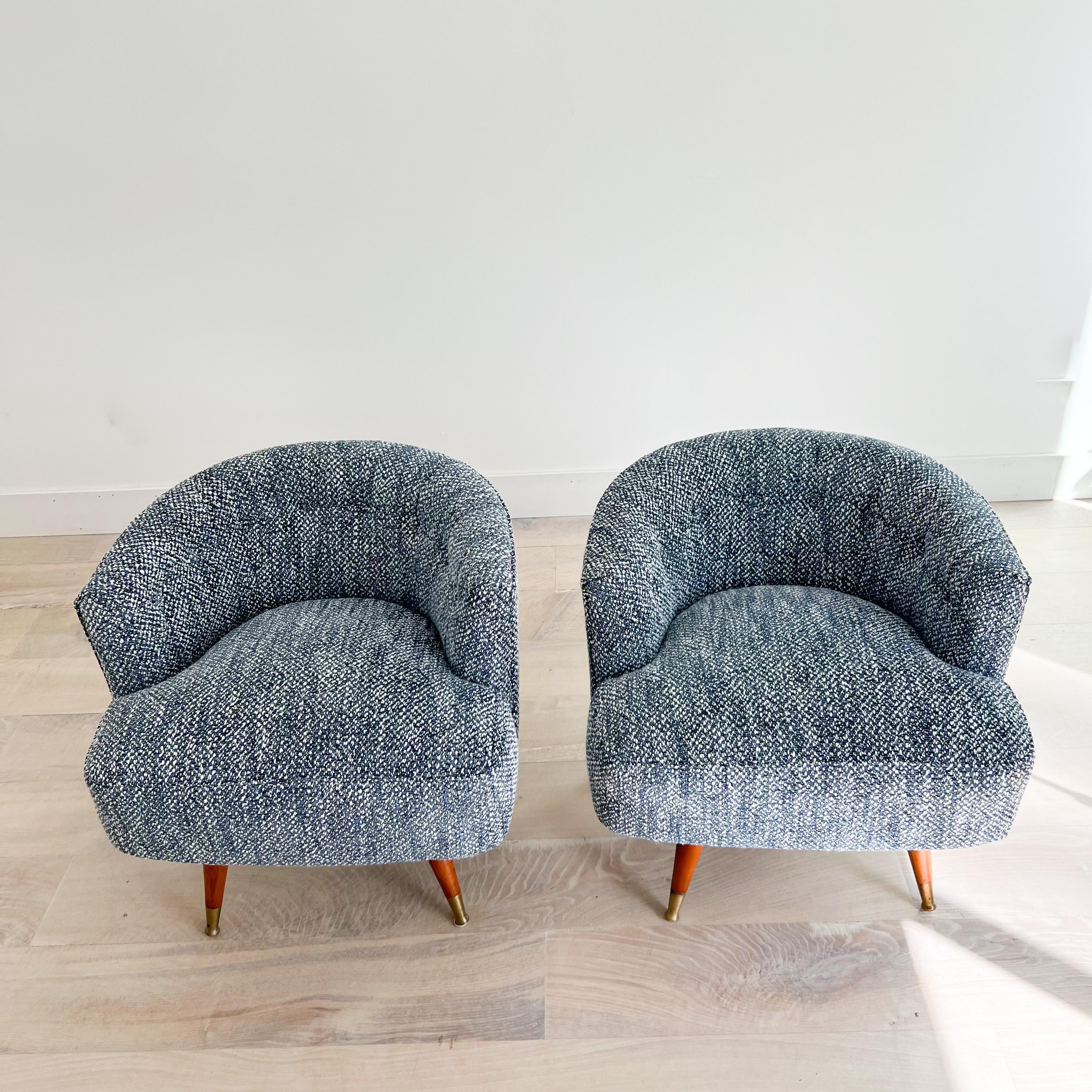 Pair of Mid-Century Low Back Swivel Chairs w/ New Blue Tweed Upholstery 4