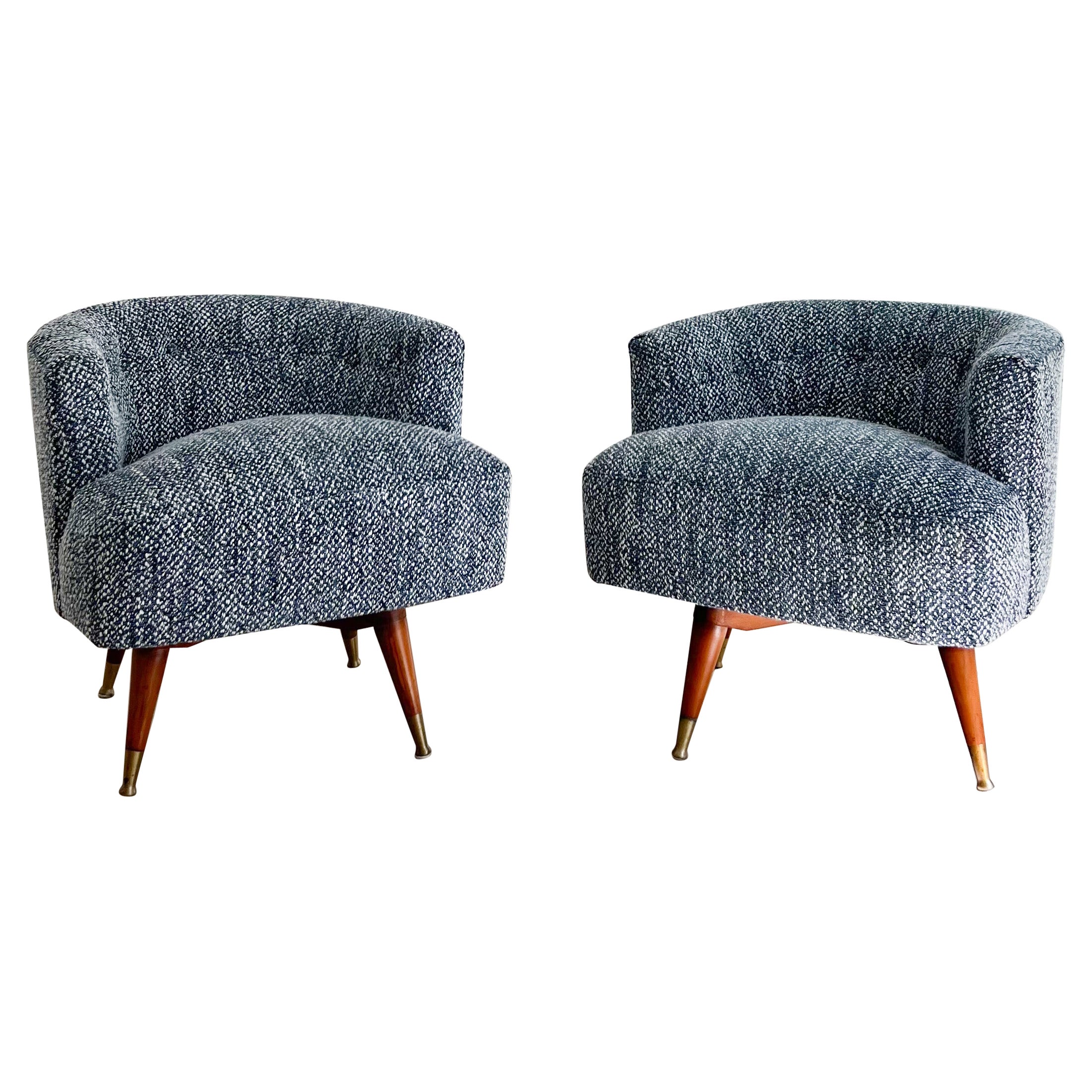 Pair of Mid-Century Low Back Swivel Chairs w/ New Blue Tweed Upholstery