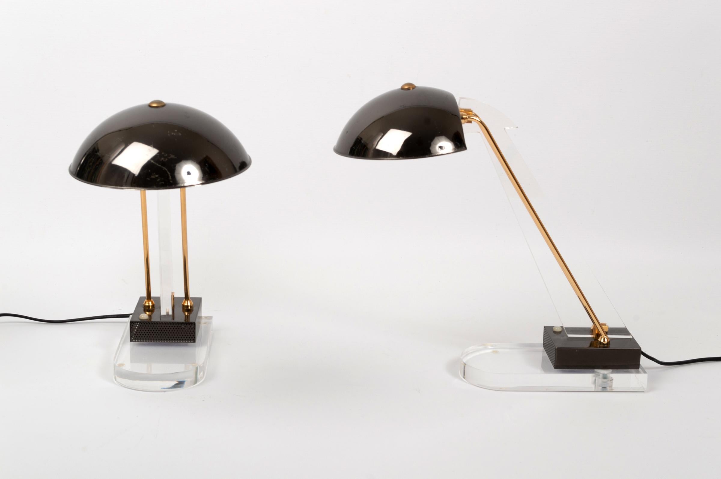 Brass Pair of Midcentury Lucite Desk Lamps by Angelo Lelii for Arredoluce, Italy, 1950