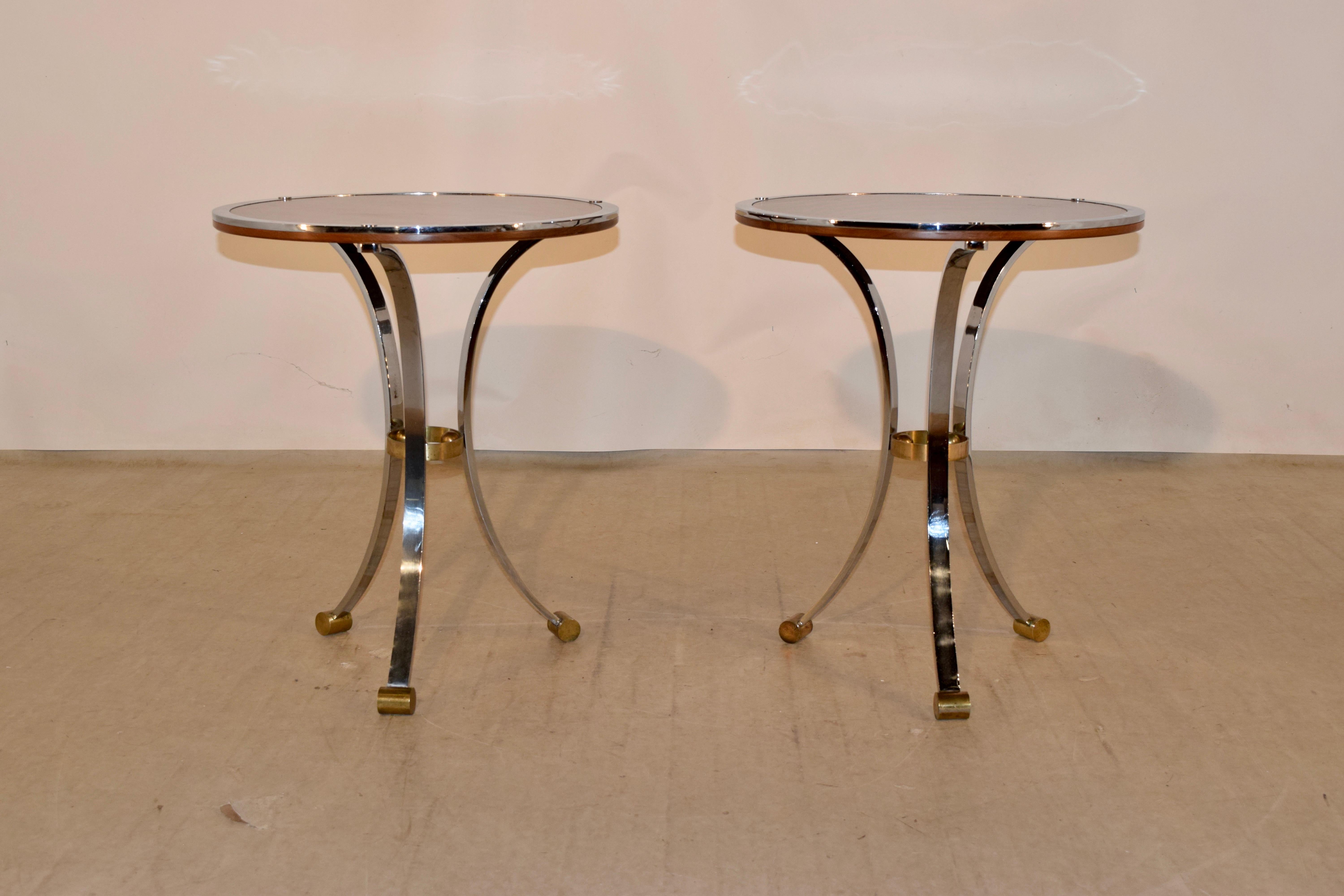 English Pair of Midcentury Mahogany and Chrome Side Tables