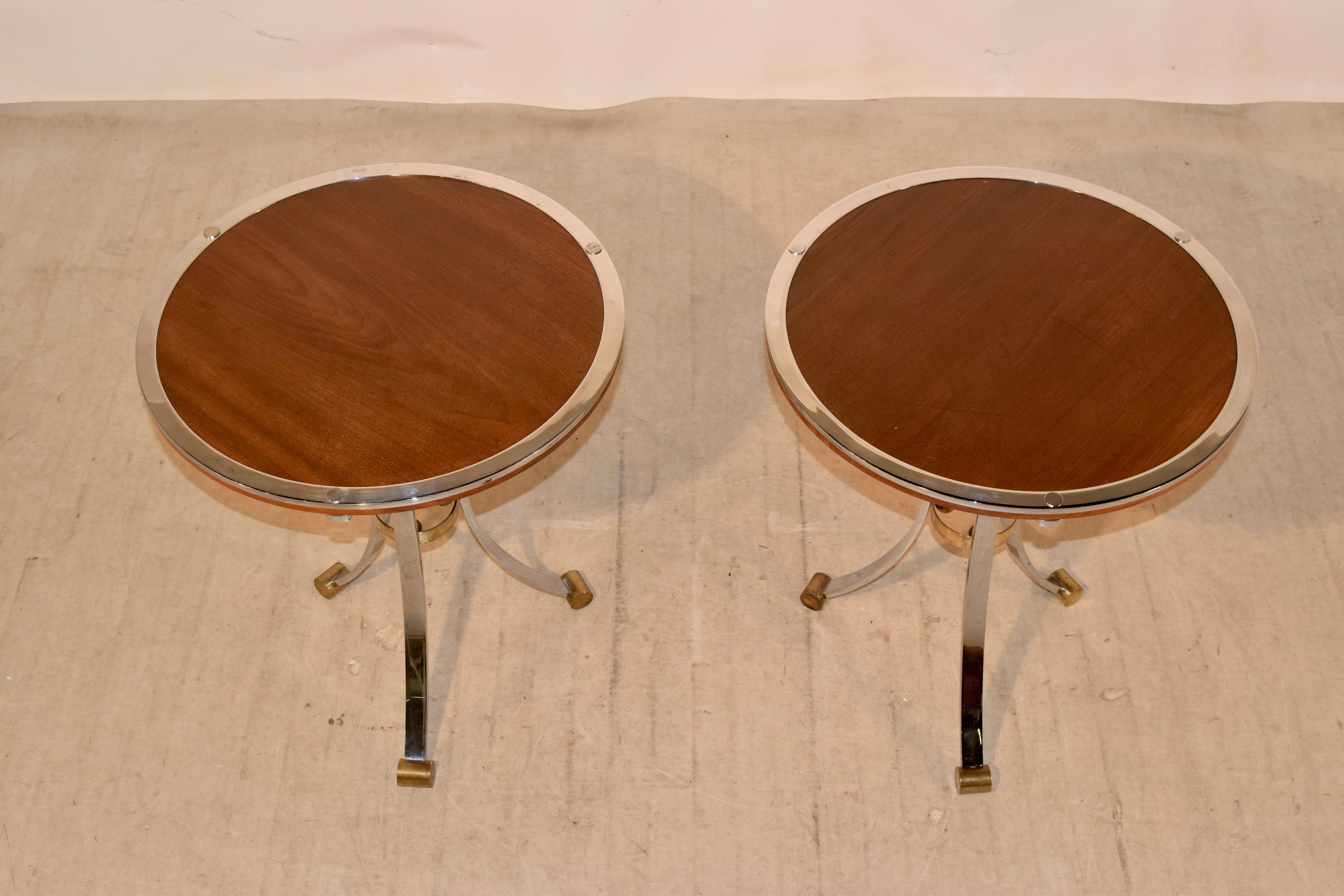Brass Pair of Midcentury Mahogany and Chrome Side Tables