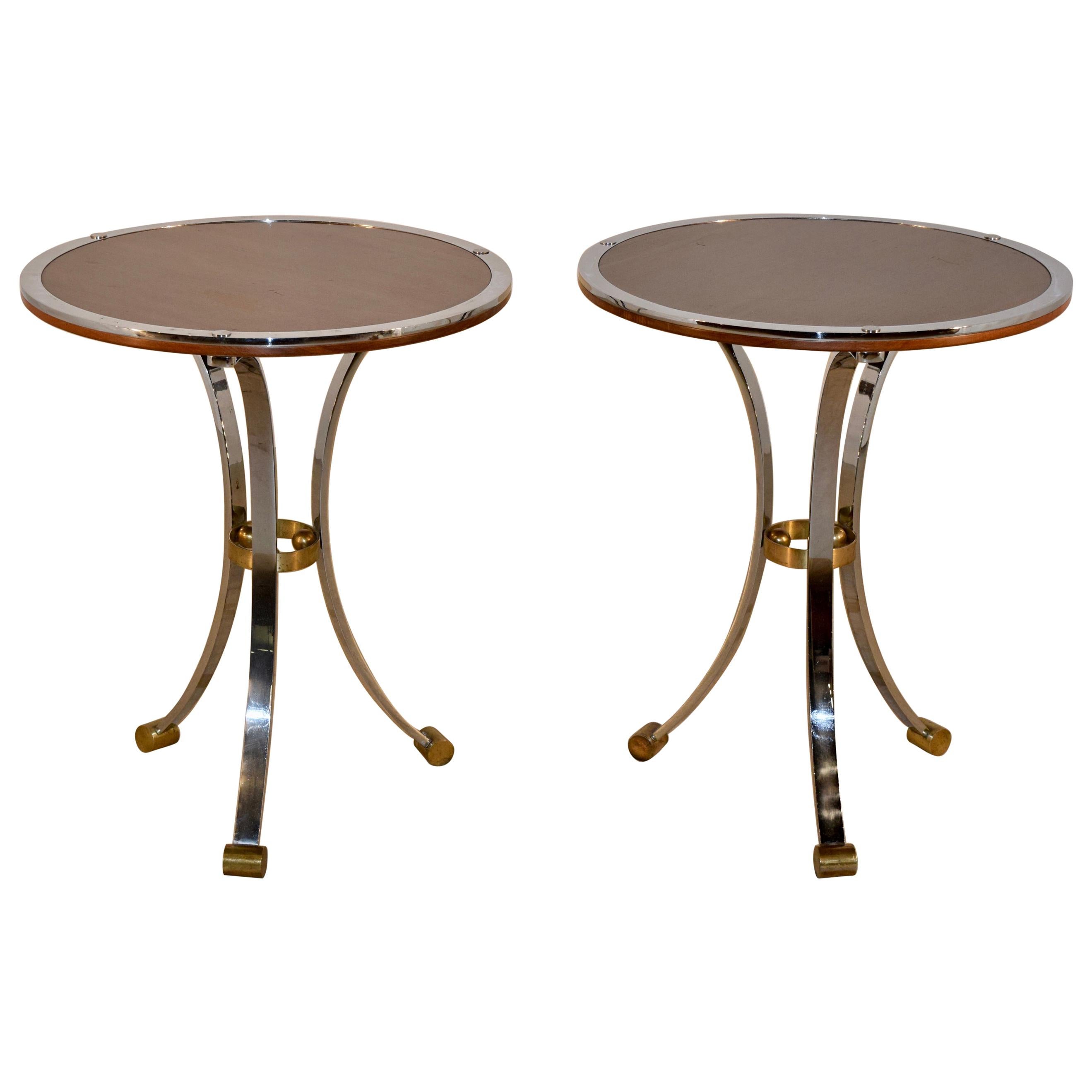 Pair of Midcentury Mahogany and Chrome Side Tables