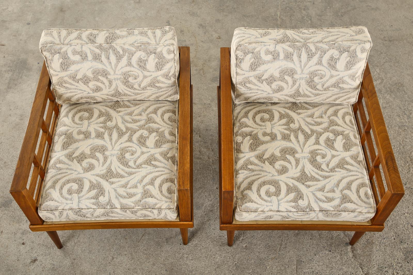 Fabric Pair of Mid-Century Mahogany Cube Chairs by Henredon For Sale