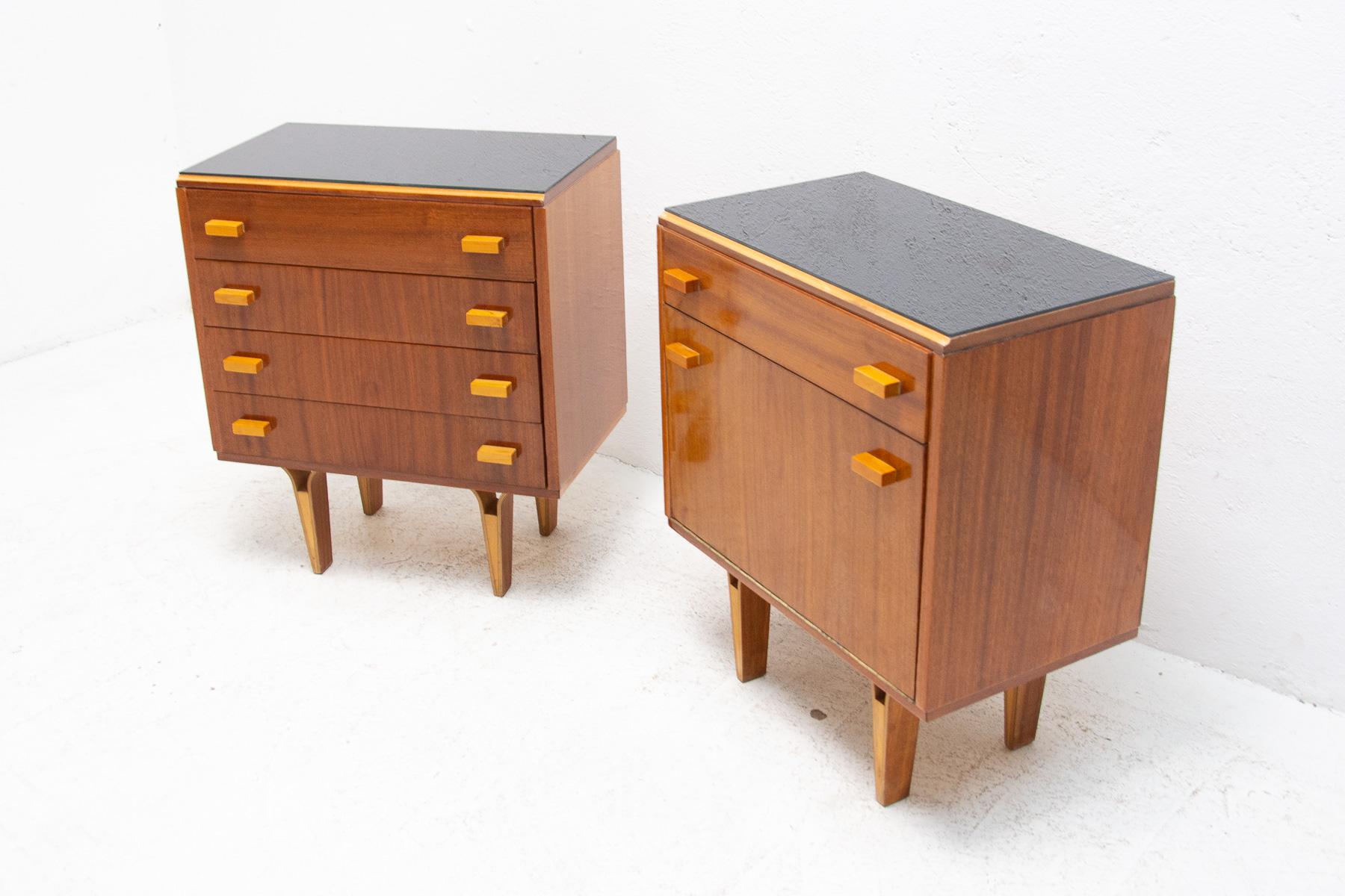 Veneer Pair of Mid Century Mahogany Night Stands, Chest of Drawers, Frantisek Mezulanik