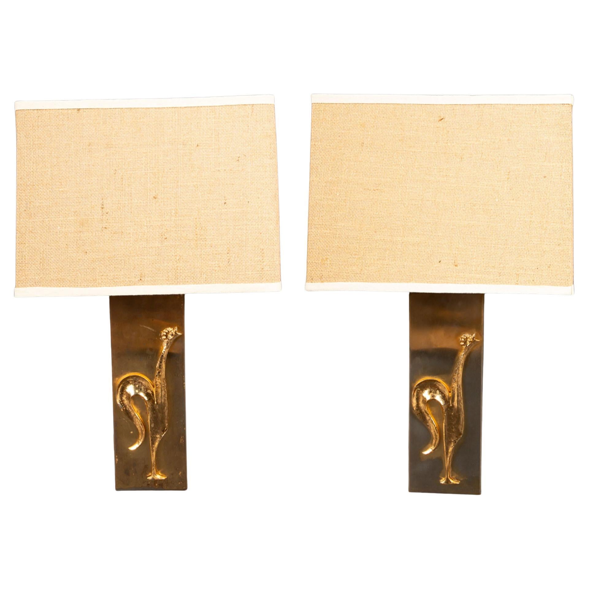 Pair of Mid-Century Maison Charles Gilt Brass Rooster Table Lamps