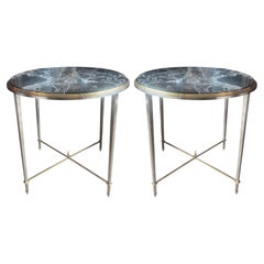 Pair of Mid-Century Maison Jansen Round Side Tables with Marble Tops. France.