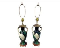 Pair Of Mid-Century Majolica Vases With White Herons Fashioned Into Lamps
