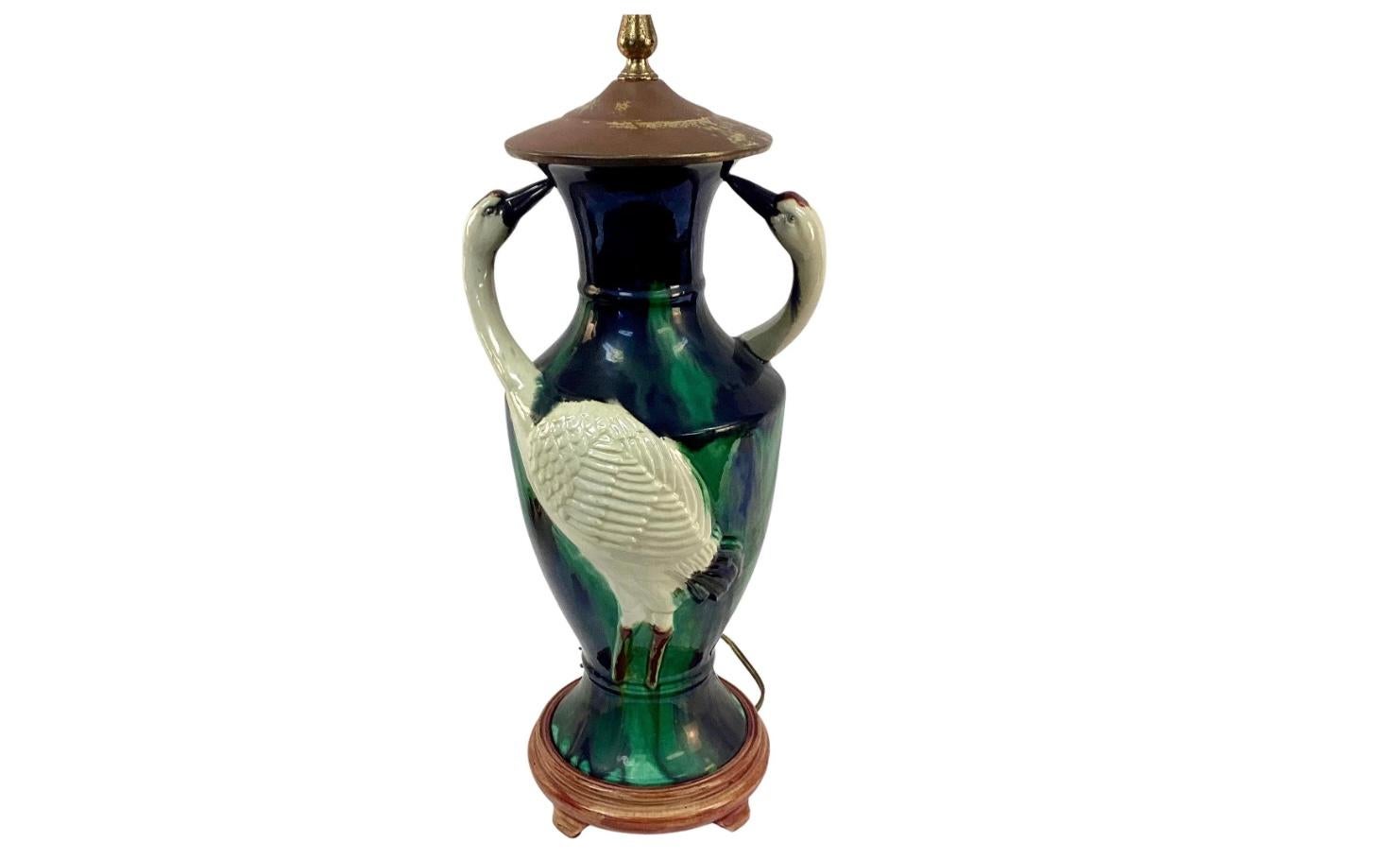 Mid-Century Modern Pair Of Mid-Century Majolica Vases With White Herons Fashioned Into Lamps