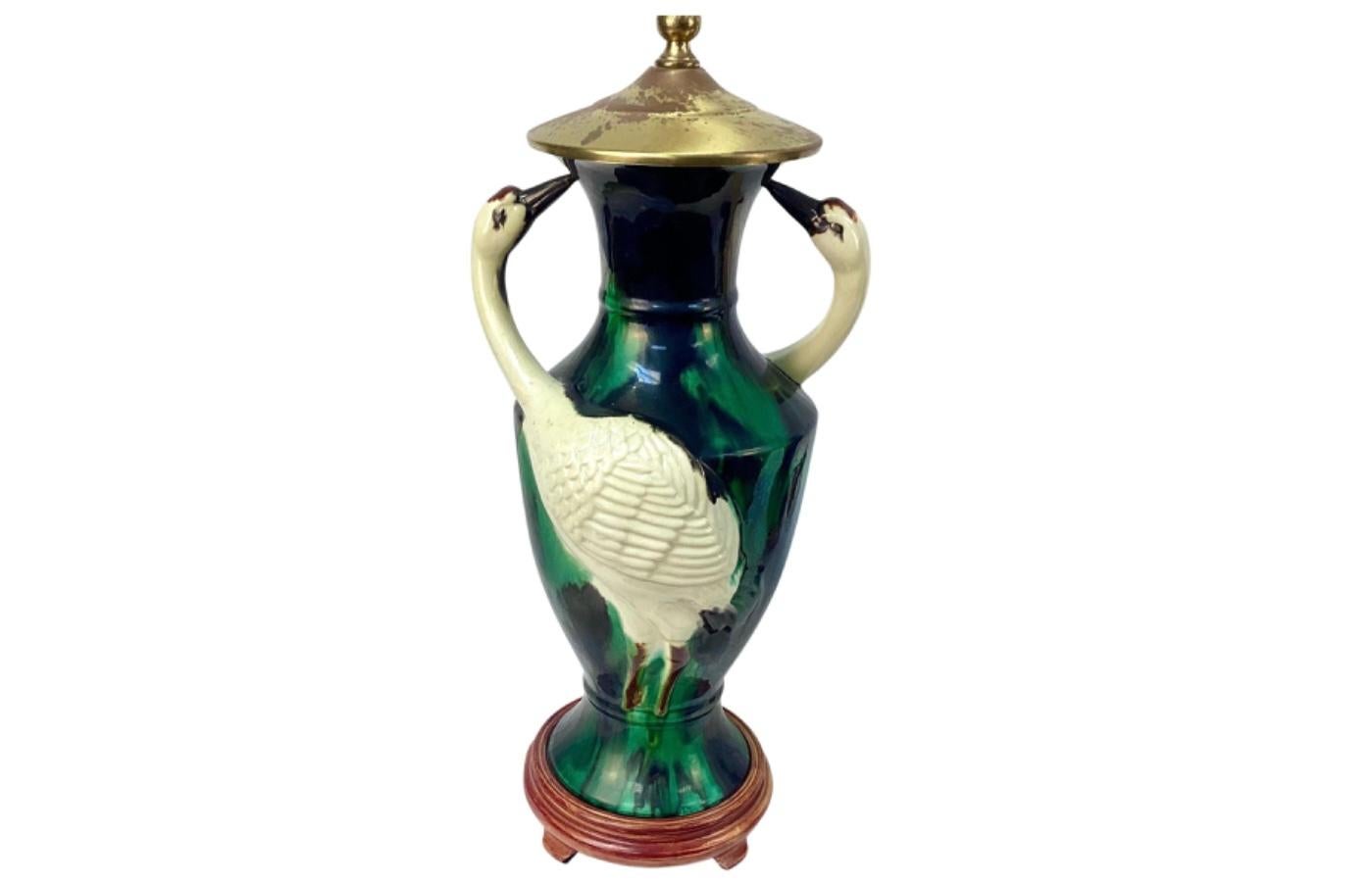 French Pair Of Mid-Century Majolica Vases With White Herons Fashioned Into Lamps