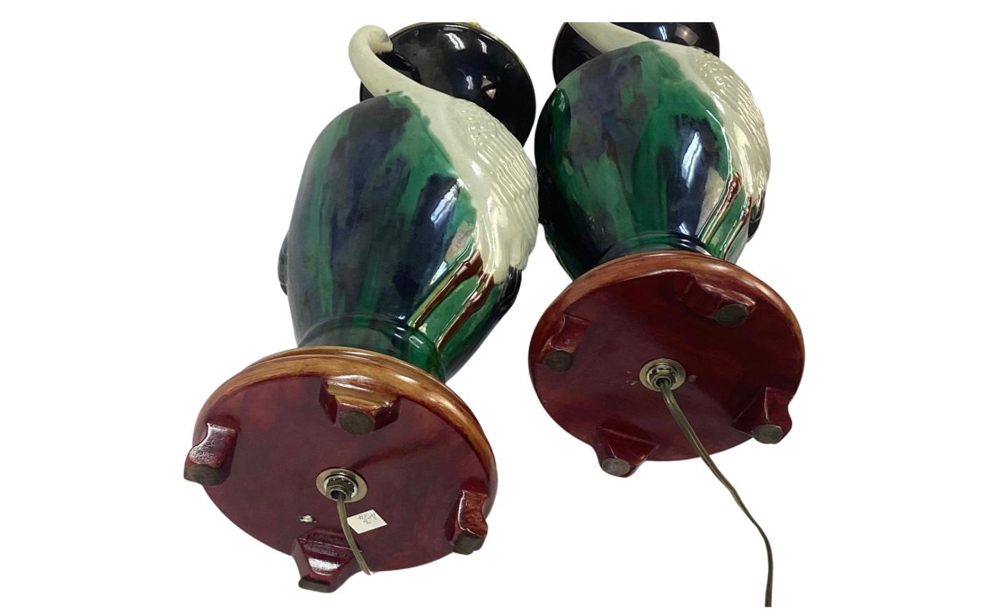 Pair Of Mid-Century Majolica Vases With White Herons Fashioned Into Lamps In Good Condition In Bradenton, FL