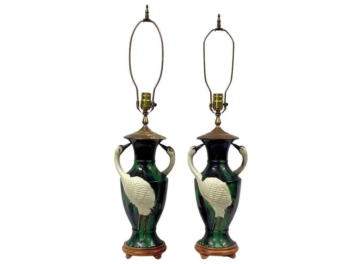 20th Century Pair Of Mid-Century Majolica Vases With White Herons Fashioned Into Lamps