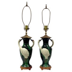 Pair Of Mid-Century Majolica Vases With White Herons Fashioned Into Lamps