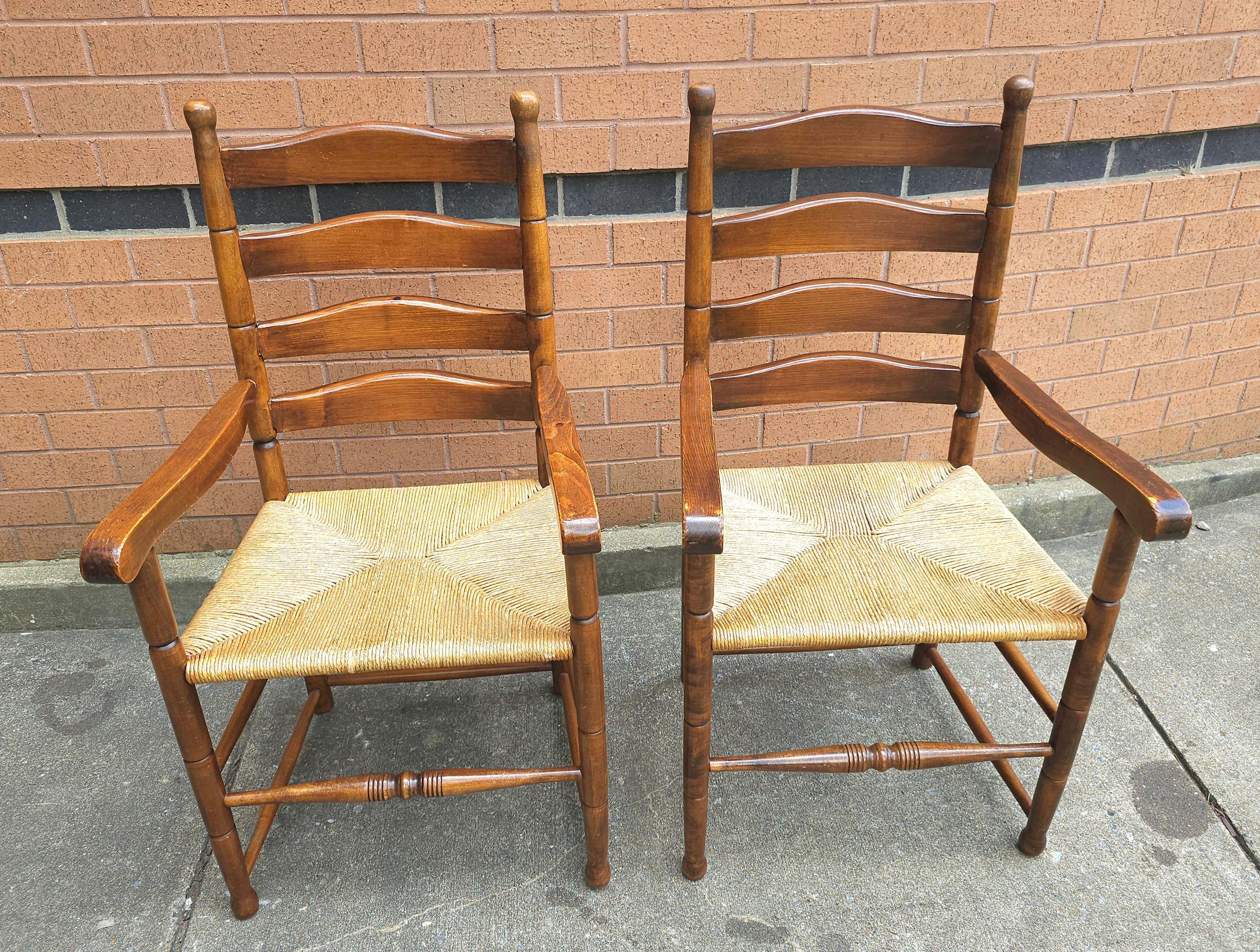 Arts and Crafts Pair of Mid Century Maple and Rush Seat Armchairs For Sale