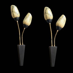 Pair of Mid-Century Marbled Glass Brass Two Arm Wall Lights