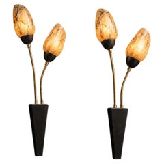 Pair of Mid-Century Marbled Glass Brass Two Arm Wall Lights