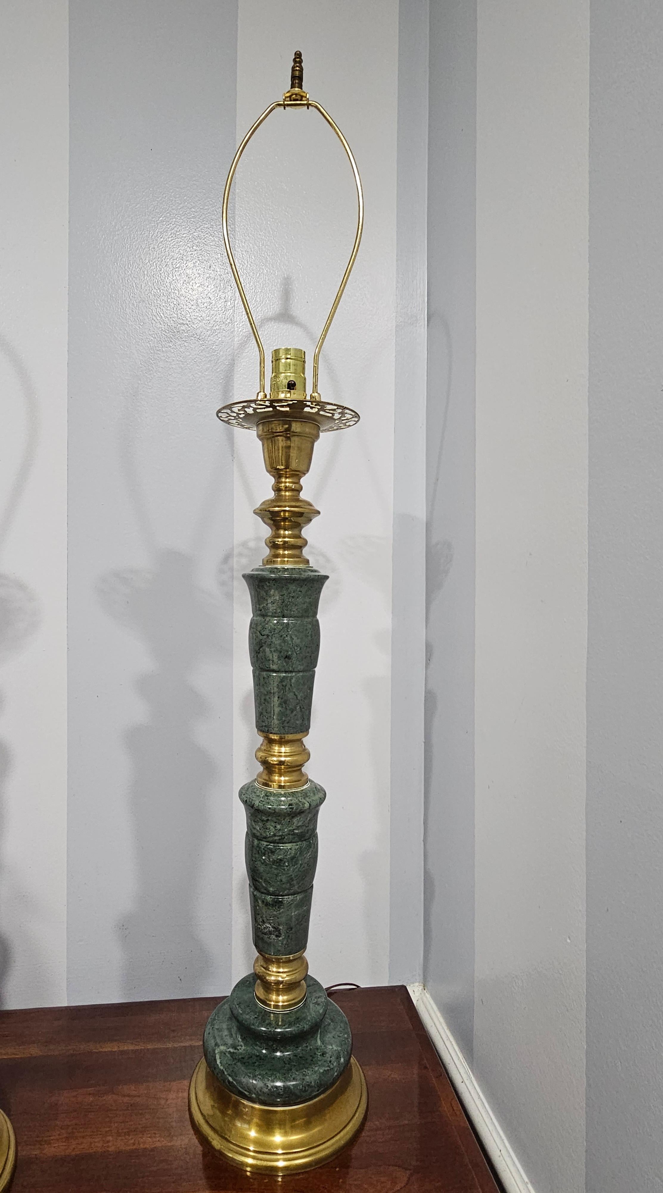 Pair of Mid-Century Marbro Asian Style Green Marble and Brass Table Lamps For Sale 2